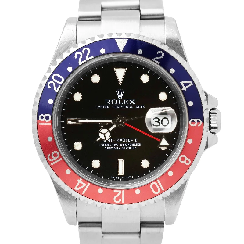 Stylish Watches with Mesh Strap-Rolex GMT-Master II PAPERS 40mm PEPSI Blue Red Steel Automatic Watch 16710 B+P