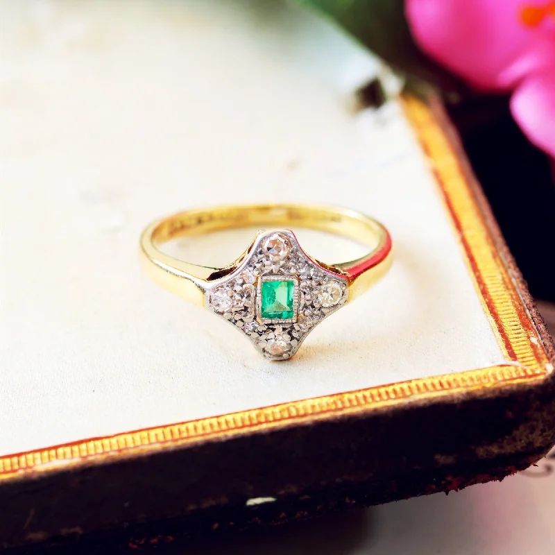 Beautiful Gold Wedding Ring for Her-Vintage Art Deco Emerald & Diamond Cluster Ring