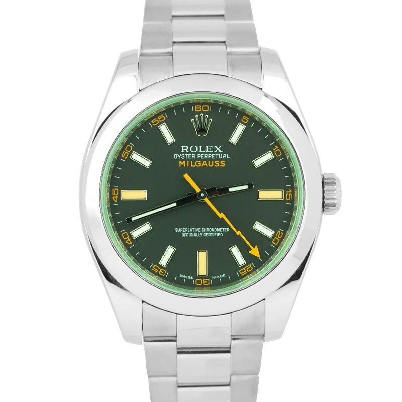 Automatic Watches for Men with Leather Strap-Rolex Milgauss Green Anniversary BLACK Stainless Steel Oyster 40mm 116400GV