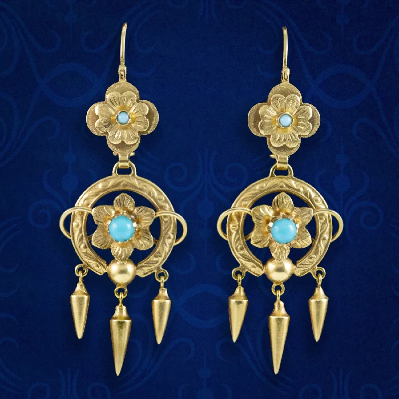 Sparkling Earrings for Special Occasions-Antique Victorian Turquoise Forget Me Not Drop Earrings 18ct Gold