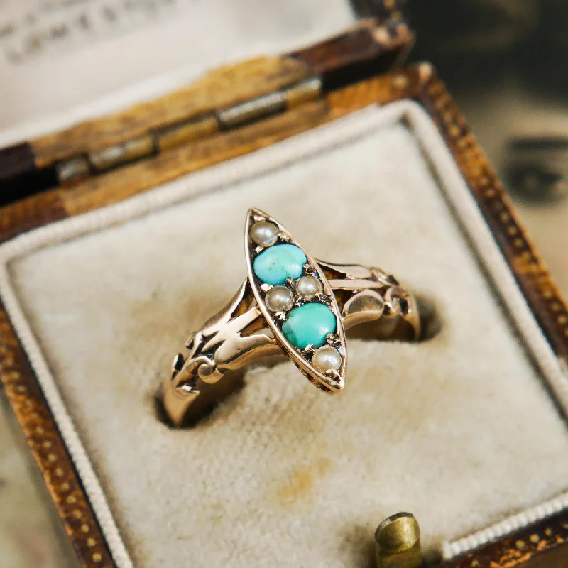 Unique Wedding Ring for Him and Her-Poetic Art Nouveau Turquoise & Seed Pearl Ring