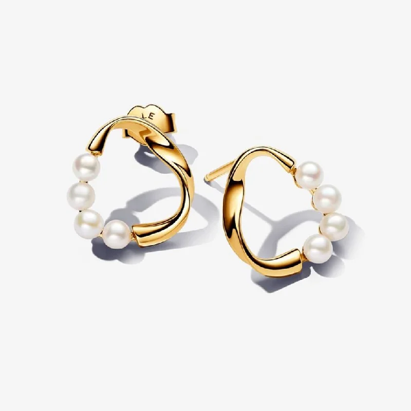 Fashion Forward Earrings for Teen Girls-PANDORA : Organically Shaped Circle & Treated Freshwater Cultured Pearls Stud Earrings in Gold