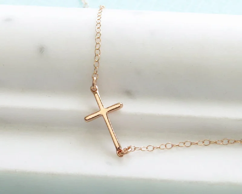 Gold Bar Necklace for Trendy Style-Side Cross Necklace