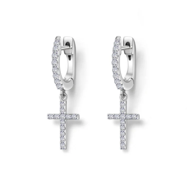 Sparkling Silver Earrings for Women-Mini Dangling Cross Earrings