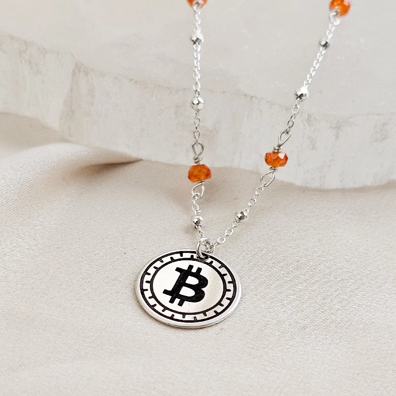 Large Statement Necklace for Occasions-Round Bold Bitcoin Medallion With Orange CZ Accents