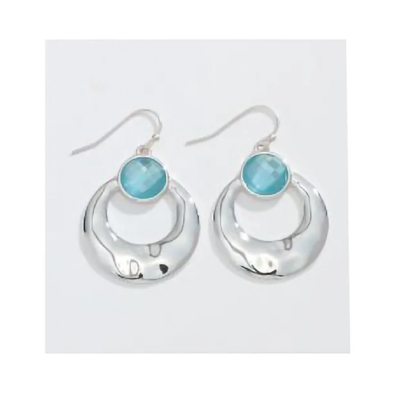 Elegant Pearl Earrings for Wedding-Periwinkle by Barlow :  Hammered Silver Drop With Faceted Aqua Crystals - Earrings