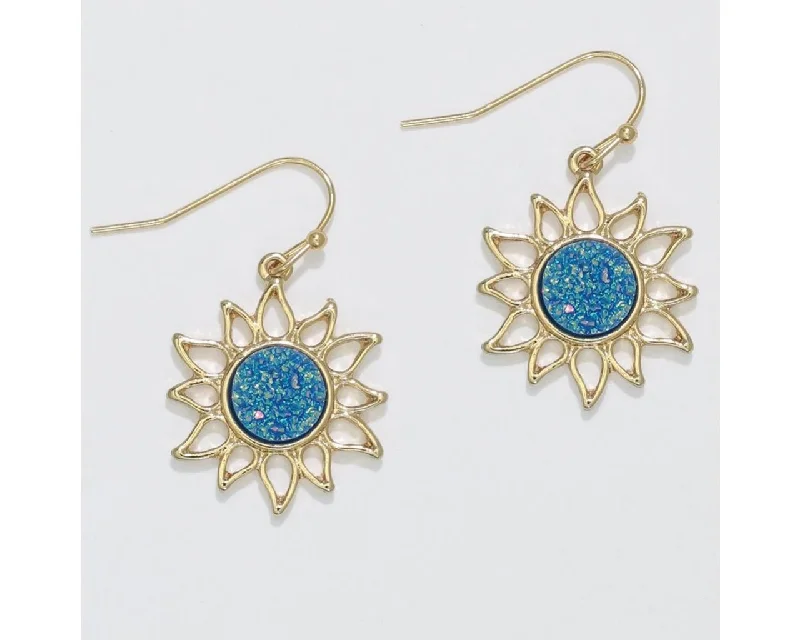 Stud Earrings for Every Day-Periwinkle by Barlow :  Gold Suns with Blue Druzy centers - Earrings