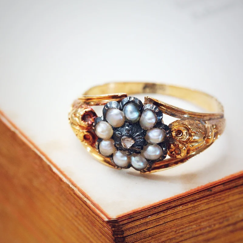 Multi-Stone Ring for Fashion Lovers-Sentimental Antique Georgian Wild Pearl & Diamond Ring