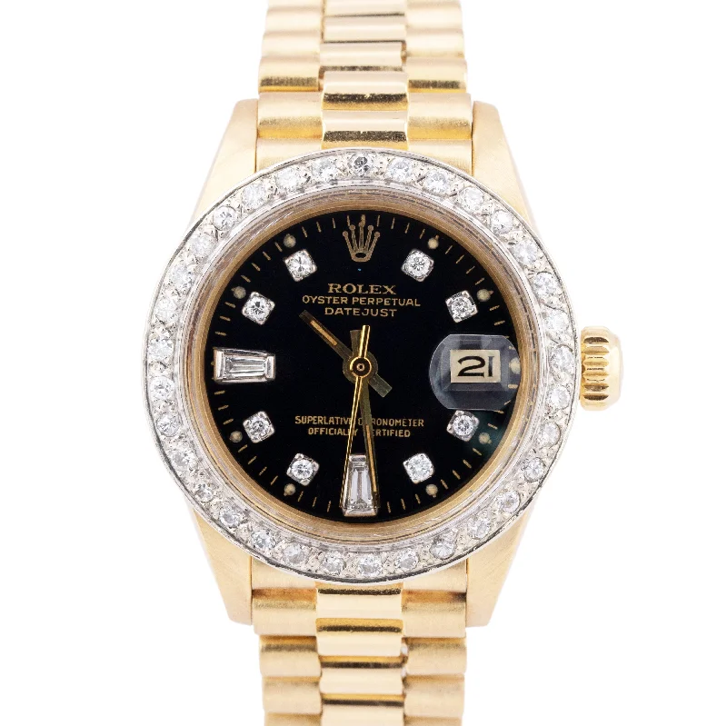 Women's Watches with Leather Straps and Crystal Detail-Rolex DateJust 6917 18K Yellow Gold DIAMOND Bezel Black Dial 26mm Watch BOX