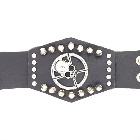 Luxurious Diamond Bracelet for Brides-Black Leather Stainless Steel Skull And Crossbones Studded Bracelet / LBJ12414