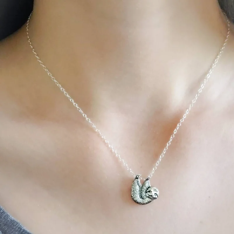 Silver Necklace with Heart Charm-Sloth Necklace