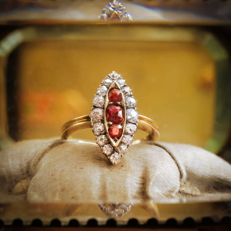 Large Ruby Ring for Women-Nicely Nostalgic Antique Navette Ruby and Diamond Ring