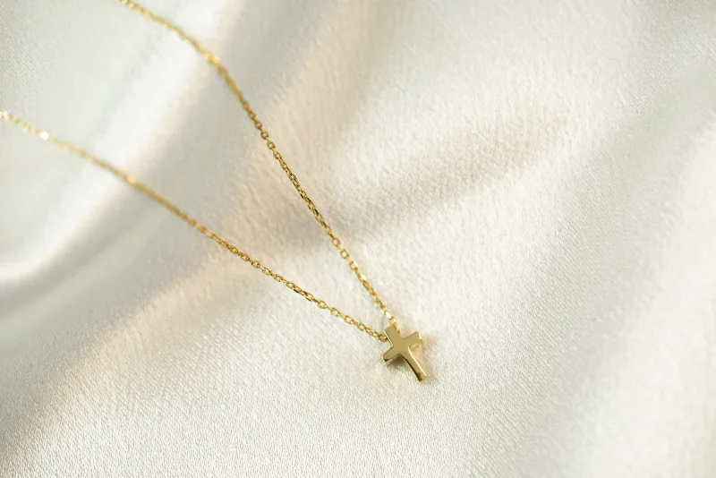 Classic Gemstone Necklace for Weddings-14k Mini Cross Necklace