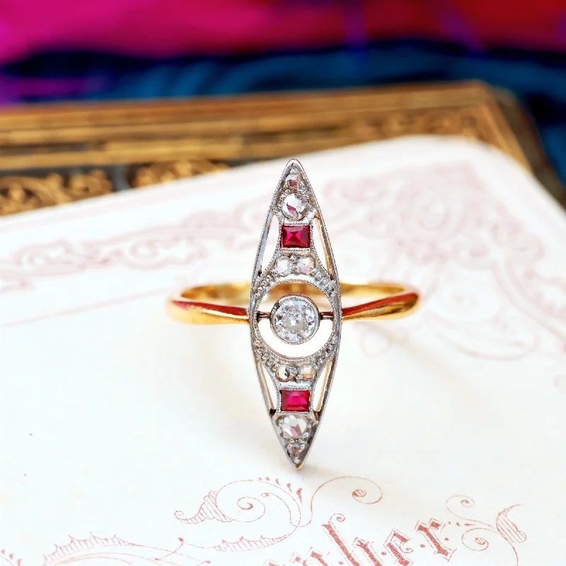 Elegant Diamond Ring for Engagement-Antique Ruby & Diamond Marquise Dress Ring