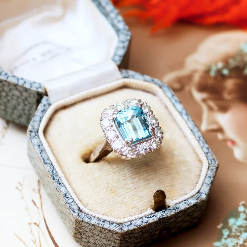 Classic Gold Wedding Ring-Totally Glamorous Vintage Aquamarine & Diamond Ring