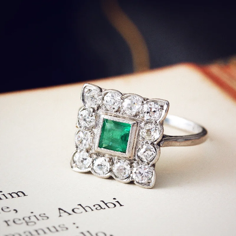 Simple Engagement Ring for Minimalist Style-Classic Vintage Emerald & Diamond Cluster Ring