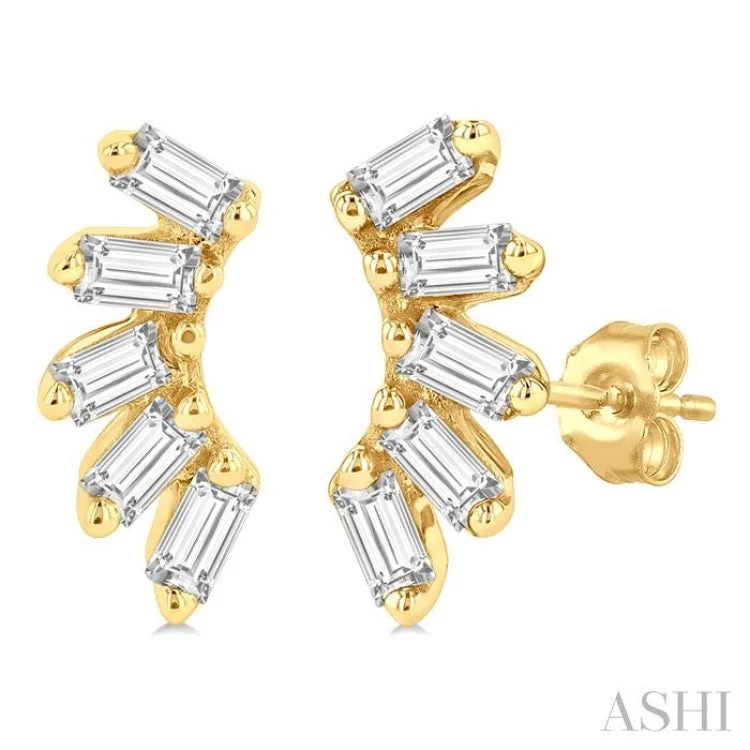 Statement Earrings for Girls-1/6 Ctw Curved Petite Baguette Cut Diamond Fashion Stud Earring in 10K Yellow Gold