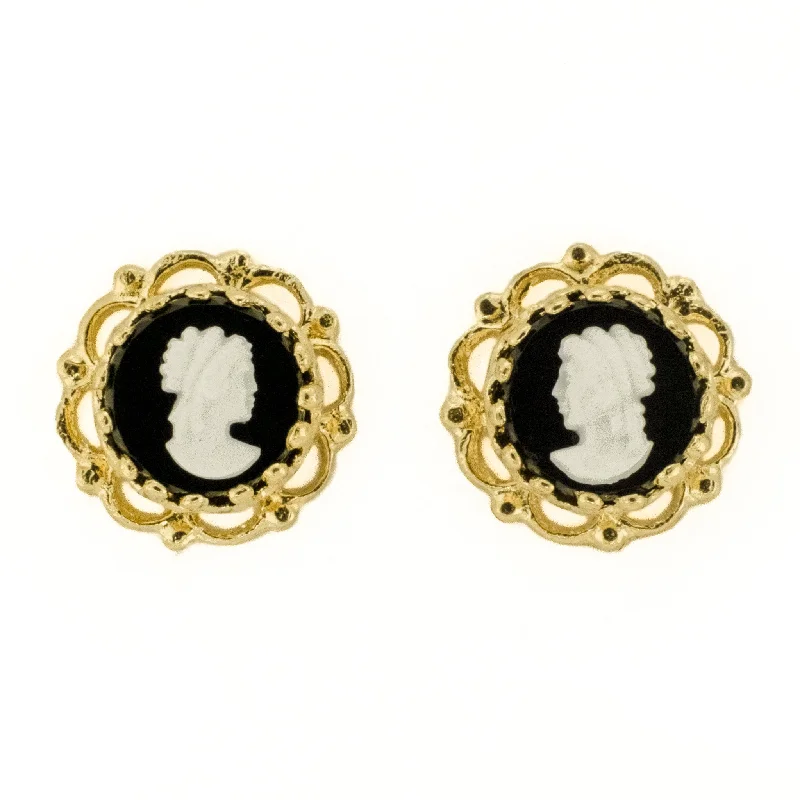 Gorgeous Earrings for Bridesmaids-Black and White Cameo Earrings in 10K Yellow Gold