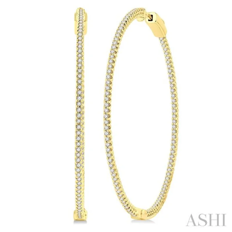 Classic Diamond Earrings-1 Ctw Inside-Out Round Cut Diamond 1 3/4 Inch Hoop Earrings in 14K Yellow Gold