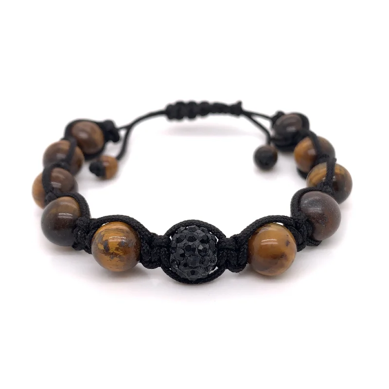 Personalized Leather Bracelet for Men-Tigers Eye and CZ Bead Adjustable Bracelet / BDB0006