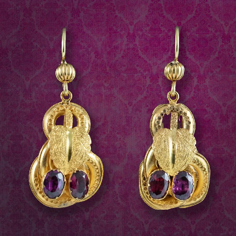 Large Gemstone Earrings for Special Events-Antique Victorian Etruscan Garnet Drop Earrings 15ct Gold