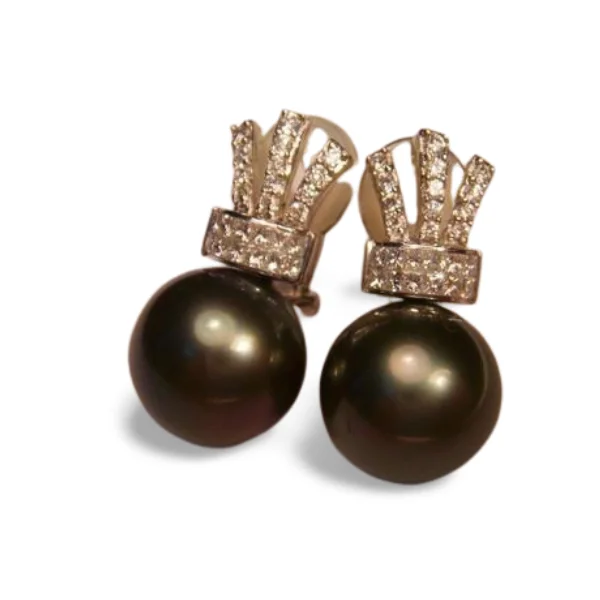 Elegant Stud Earrings for Weddings-Magnificent 18K White Gold Diamond Huge Tahitian Pearl Crown Earrings