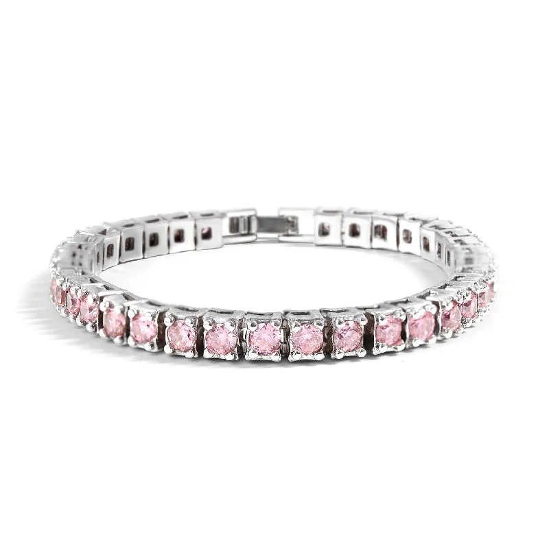 Silver Bracelet with Birthstone Charms-White Gold Over Brass Pink CZ Fashion Bracelet / FBL0003