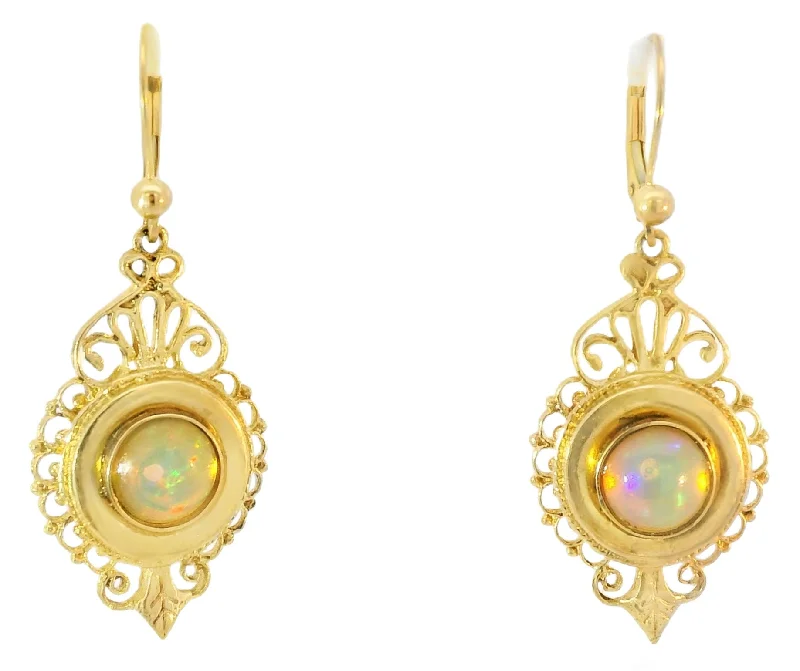 Stunning Drop Earrings for Weddings-Victorian Revival 14K Yellow Gold Filigree Opal Drop Dangle Earrings