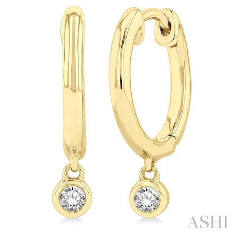 Sparkling Earrings for Special Occasions-1/10 ctw Petite Bezel Drop Round Cut Diamond Fashion Huggies in 10K Yellow Gold