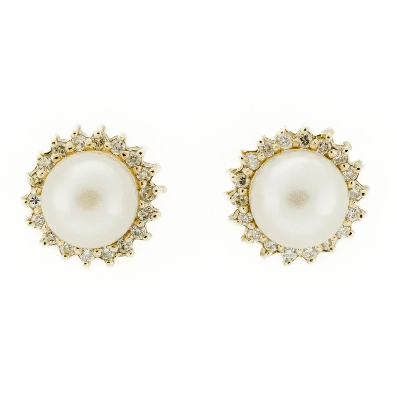 Vintage Style Drop Earrings-7mm Pearl w/ Diamond Accents Stud Earrings in 14K Yellow Gold