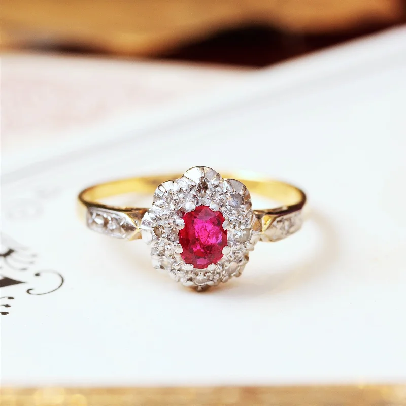 Vintage Wedding Band Set for Couples-CUUUUTE!! Vintage Ruby & Diamond Cluster Ring