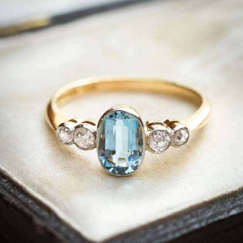 Unique Gold Ring for Fashionistas-Rare Pristine Vintage Aquamarine & Diamond Ring