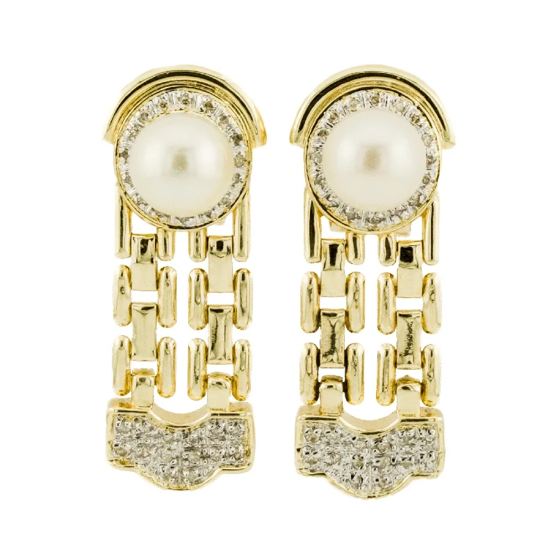 Earrings for Sensitive Ears-8mm Pearl w/ Diamond Accents Omega Drop Earrings in 14K Yellow Gold