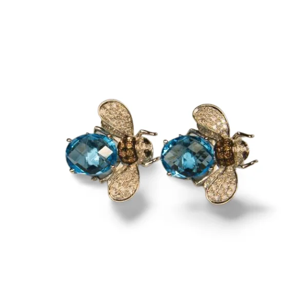 Rose Gold Earrings-Gorgeous 14K White Gold Blue Topaz Bumble Bee Diamond Earrings