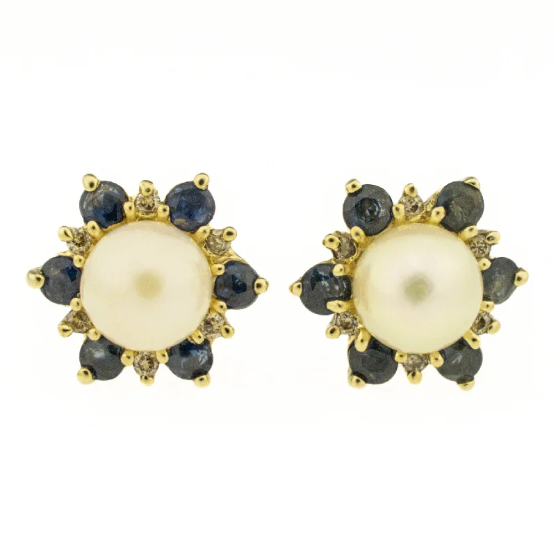 Gold Hoop Earrings-6.7mm Pearl, Sapphire and Diamond Accented Gold Earrings in 10K Yellow Gold