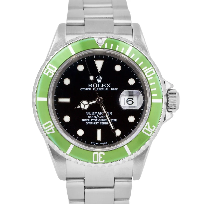 Designer Watches for Corporate Professionals-Rolex Submariner Date NO-HOLES CASE Green Black Stainless Automatic 16610 Watch