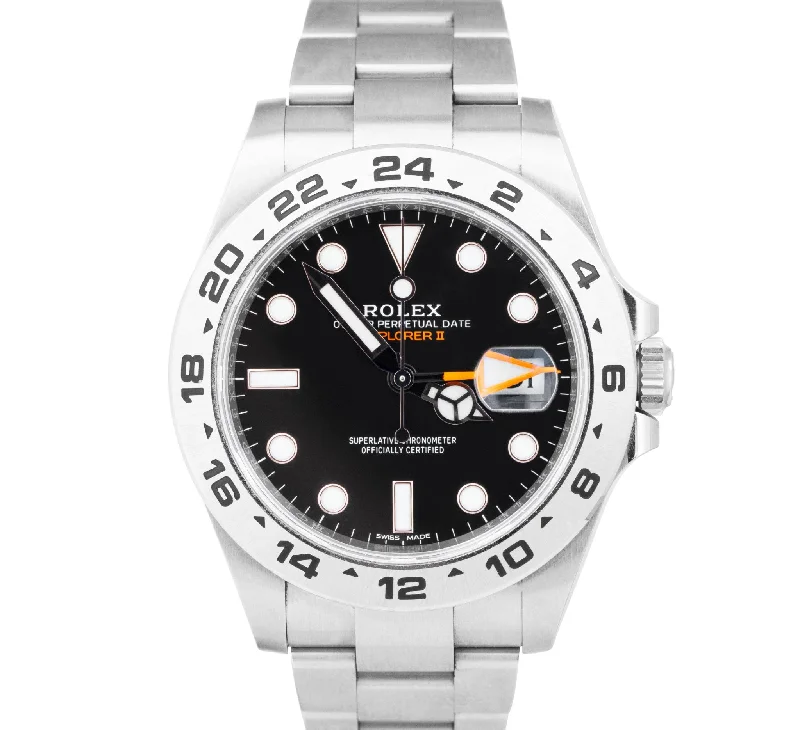 Leather Band Watches for Timeless Style-Rolex Explorer II 216570 PAPERS Black Orange Stainless GMT 42mm Date Watch B+P