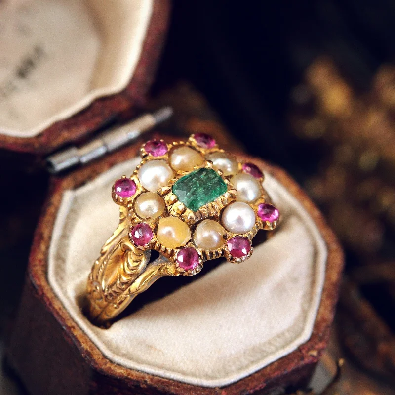 Luxury Diamond Ring for Engagement-Exquisite Antique Georgian Emerald, Pearl and Ruby Ring