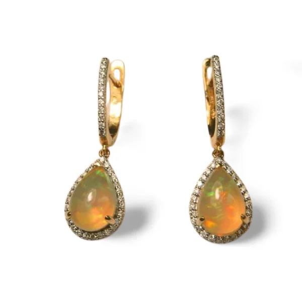 Ethnic Earrings for Traditional Wear-Gorgeous 14K Yellow Gold Tear Opal Diamond Drop Earrings