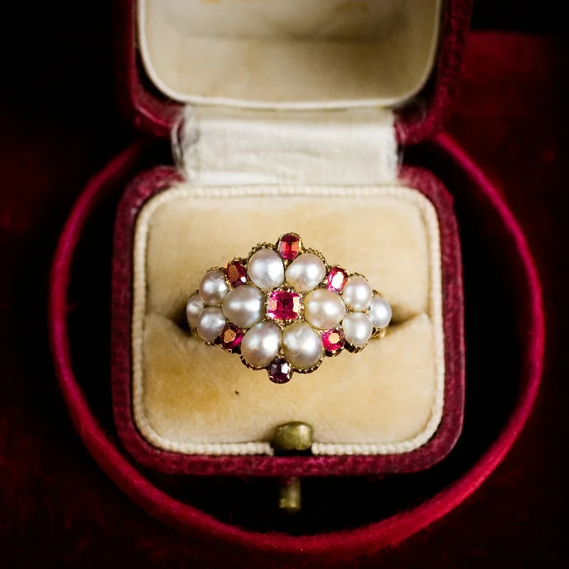 Custom Wedding Ring for Special Day-Thou Dost Enthrall Me! Antique Georgian Ruby & Natural Pearl Cluster Ring