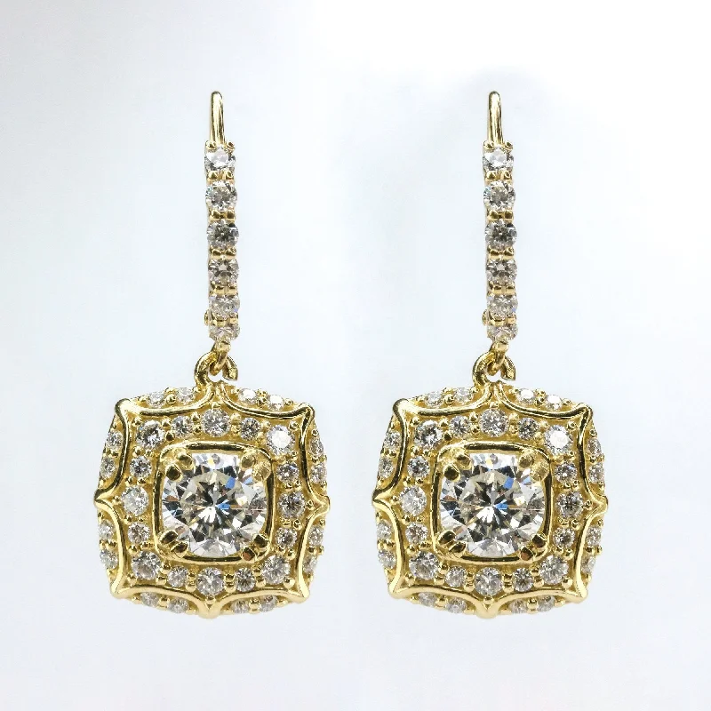 Luxury Earrings for Anniversary-GIA 2.17ctw Round Diamond Accented Halo Dangle Earrings in 14K Yellow Gold