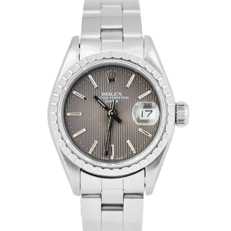 Eco-Friendly Watches for Women with Wood Straps-Rolex Oyster Perpetual Date 26mm GRAY TAPESTRY Steel Engine-Turned Watch 69240