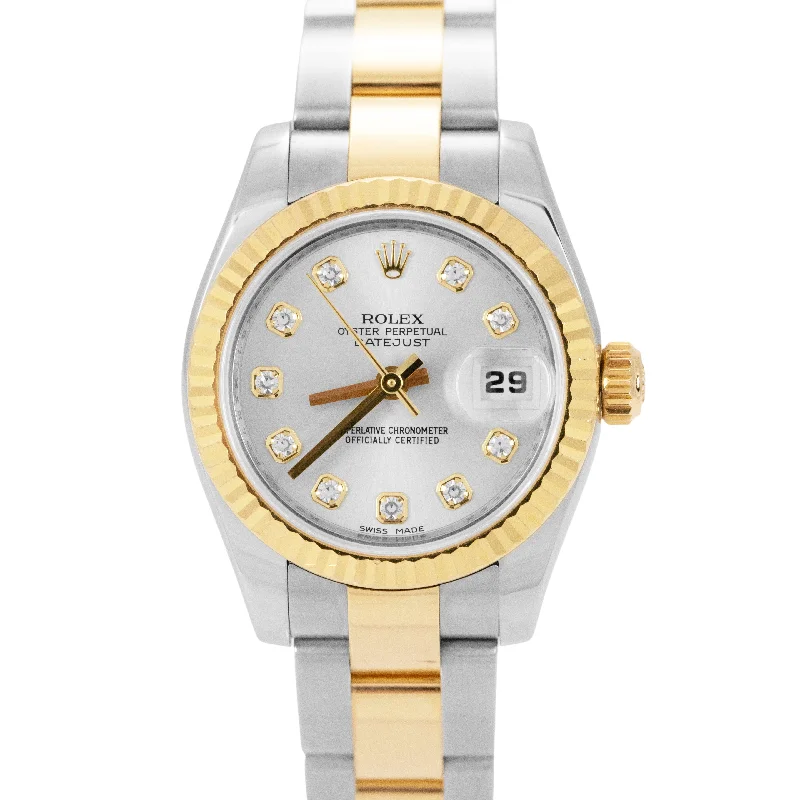 Luxury Watches for Special Occasions-Ladies Rolex DateJust PAPERS Silver Diamond Dial Two-Tone 26mm Watch 179173 B+P