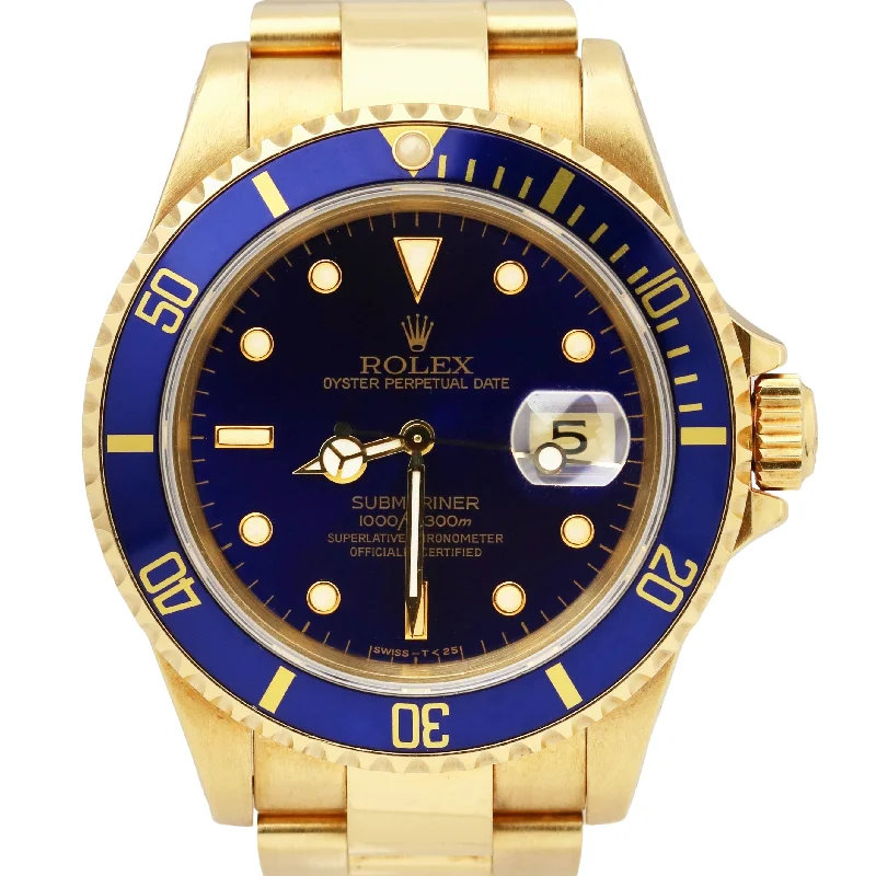 Vintage Watches for Classic Style-Rolex Submariner Date 18K Yellow Gold BLUE 40mm Automatic Dive 16618 Watch