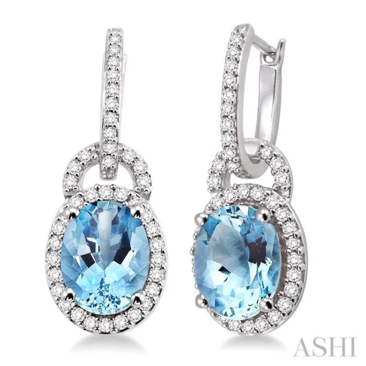 Gold Earrings for Formal Occasions-9x7mm Oval Cut Aquamarine and 3/8 Ctw Round Cut Diamond Earrings in 14K White Gold