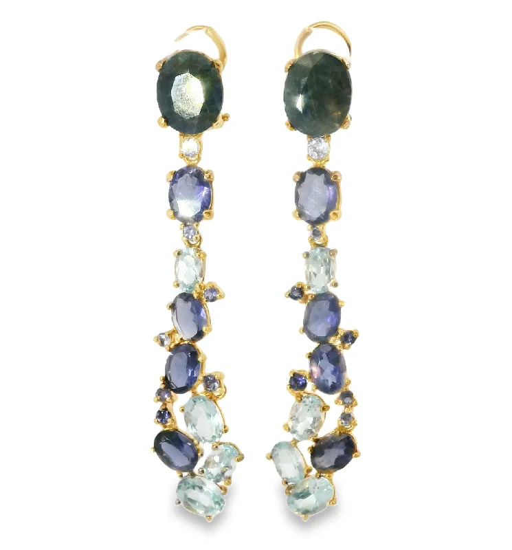 Bridal Gold Earrings for Weddings-Unique 14K Rose Gold Vermeil Silver Sapphire Topaz Iolite Designer Drop Earrings