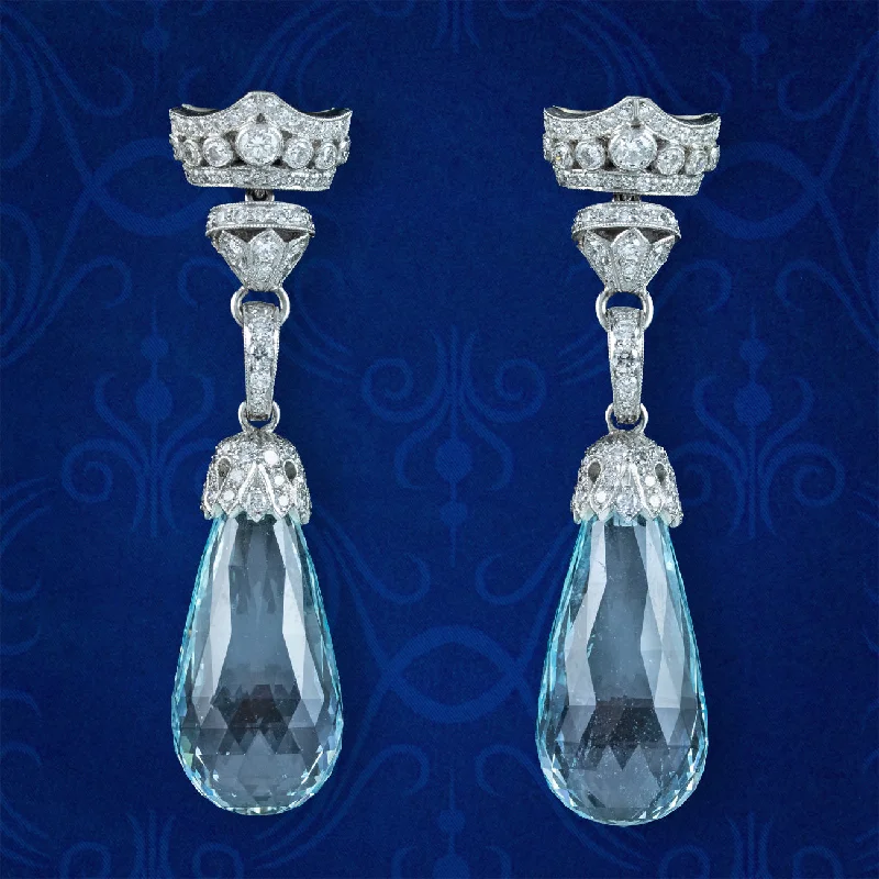 Gorgeous Earrings for Party Nights-Art Deco Style Aquamarine Diamond Drop Earrings 18Ct Gold 25ct of Aqua