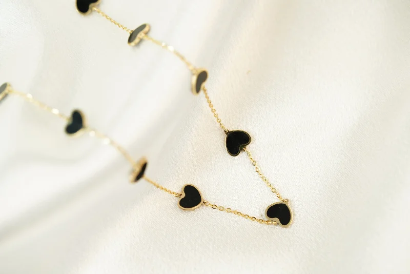 Classic Gemstone Necklace for Weddings-14k Black Hearts Necklace