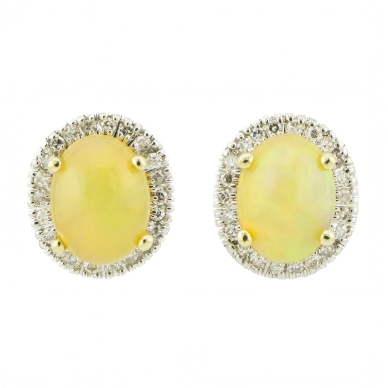 Vintage Style Drop Earrings-Opal and Diamond Accented Stud Earrings in 14K Yellow Gold