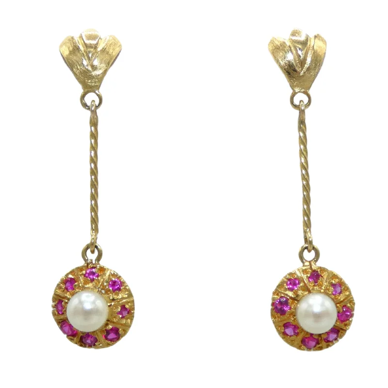 Stylish Earrings for Teen Girls-14K Gold Rubies & Pearls Dangle Earrings